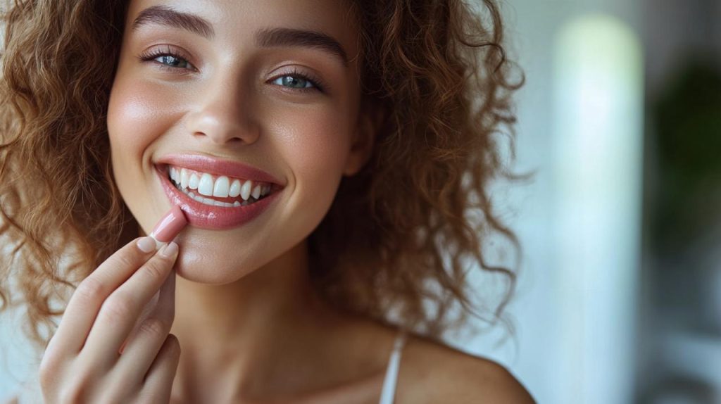 Femme souriante aux cheveux bouclés appliquant un baume à lèvres coloré naturel teinté bois de rose