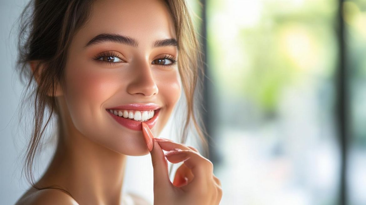 Portrait lumineux d'une femme utilisant un baume à lèvres coloré naturel aux reflets pêche